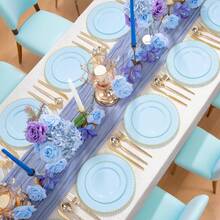 100pcs Plastic Plates With Gold Beads Plates Heavy Duty Party Supplies Includes 10.25inch Dinner Plate And 7.5inch Dessert Disposable Plate For Party,Wedding,Bridal Showers - 藍色 - 查看 6