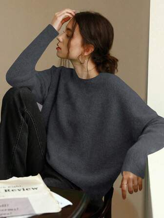 Knit Mix Elegant Women's Knitted French Commuter Sweater, Casual Loose Long Sleeve Crew Neck Pullover, Suitable For Autumn/Winter, Ideal For Christmas, Thanksgiving, New Year And Other Holidays, As Well As Valentine's Day, Back To School Season And Fall Fashion.