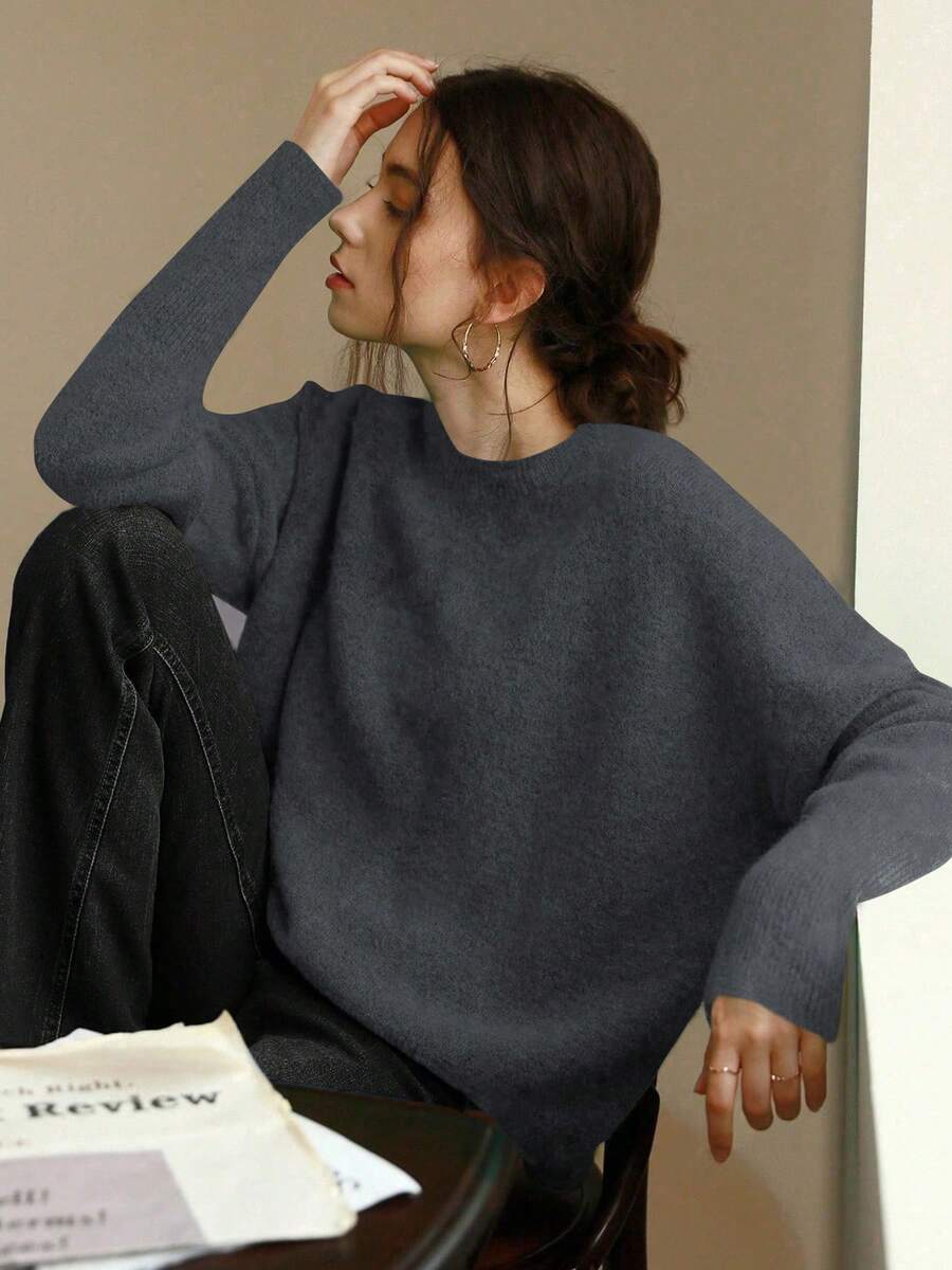 Knit Mix 优雅女士针织法式通勤毛衣,休闲宽松长袖圆领套头衫,适合秋冬季节,是圣诞节、感恩节、新年和其他节日以及情人节、返校季和秋季时尚的理想之选。 - 碳灰 - 查看 1