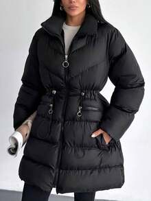 Women's Casual Solid Color Waterfall Collar Down Jacket, Long Sleeve, Regular Cuffs, Pockets, Knee-Length, Suitable For Winter - Black - View 2