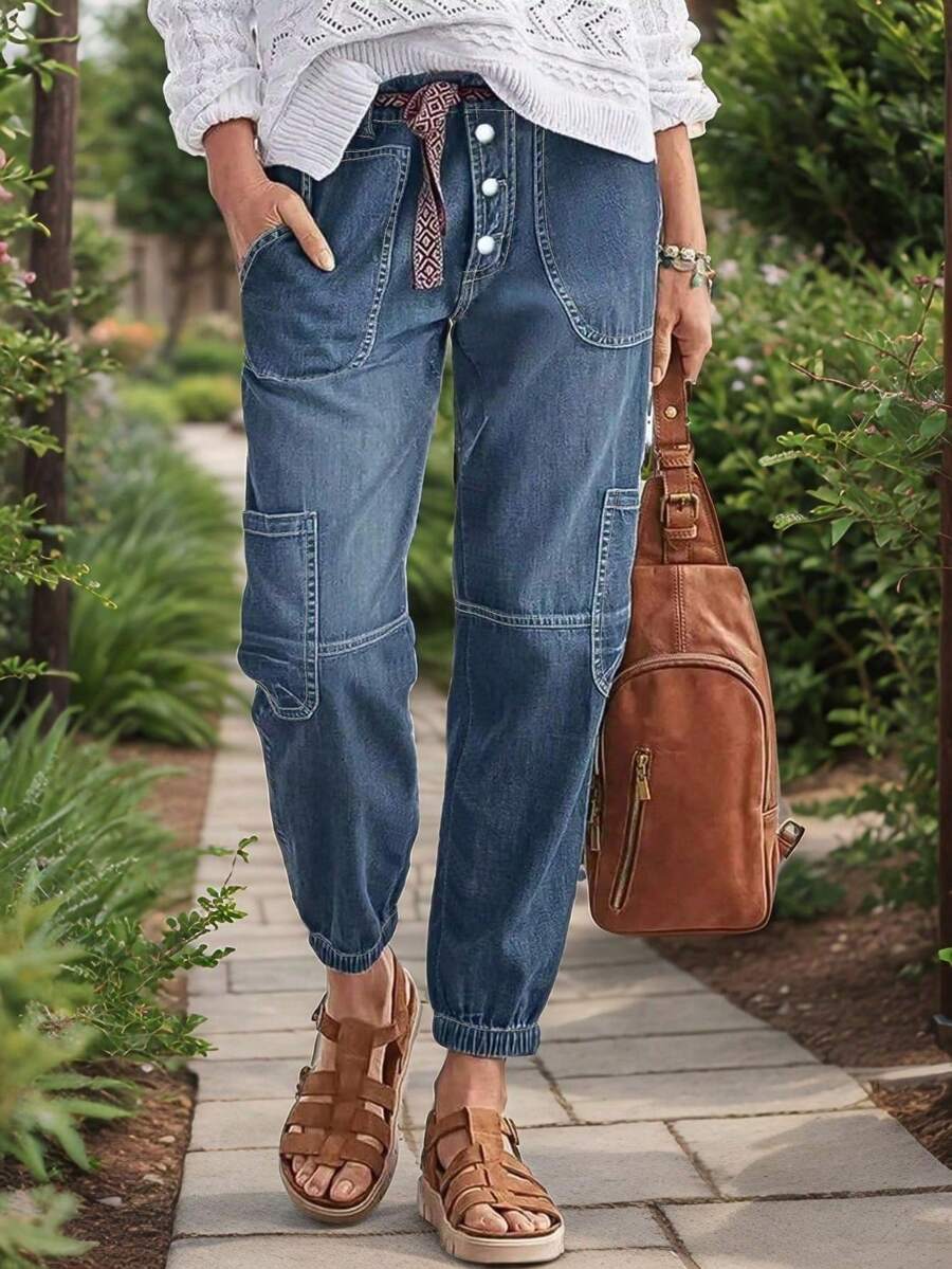 Women's Front Button Multiple Pocket Elastic Cuffs Casual Jeans - Dusty Blue - View 1