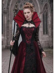 Womens Vampire Stand Up Collar Victorian Gothic Queen Neck Collar For Halloween Cosplayhalloween - B-紅色 - 查看 4