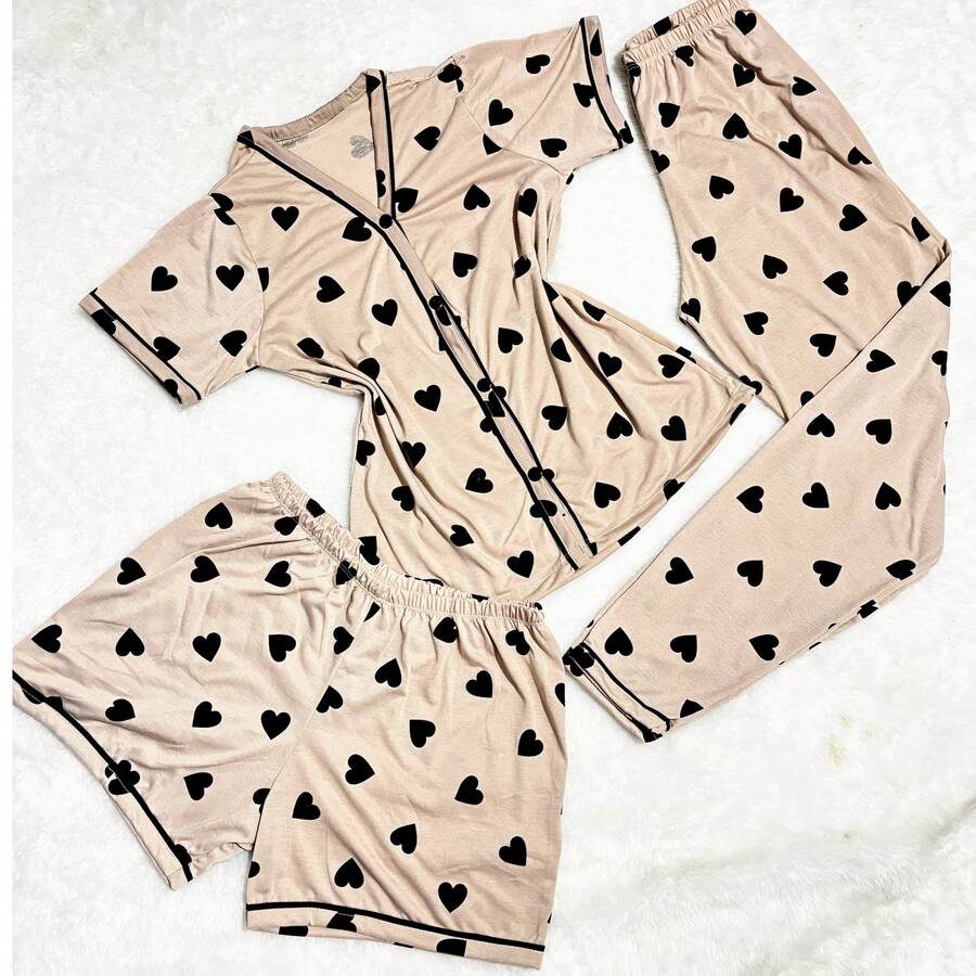 Women's 3-Piece Pajama Set American Shirt Buttons + Pants + Shorts Comfort Mesh Breastfeeding Cold And Heat Summer And Winter 3 In 1 - Mocha Brown - View 1
