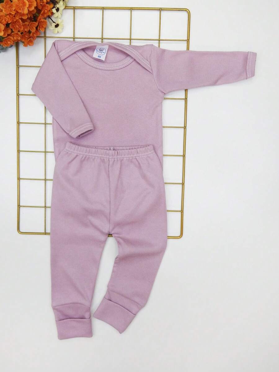 2-Piece Newborn Baby Set Long Sleeve Summer Ribbed Knit / Rose-Guava - 乾枯玫瑰色 - 查看 1