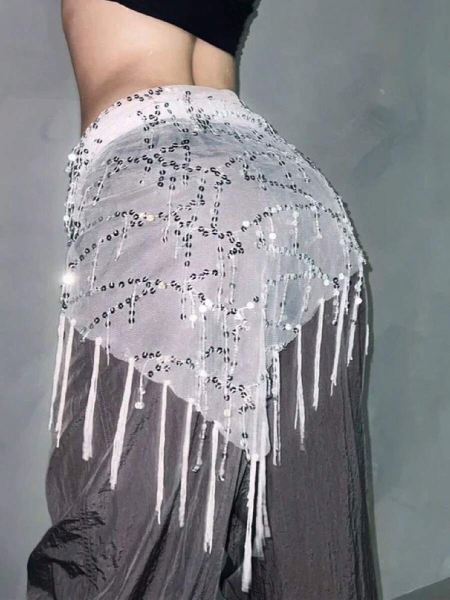 Women Belly Dance Sequin Tassel Hip Scarf Triangle Belt Wrap Skirts Music Festival Sheer Mesh Waist Chain - trắng - Xem 1