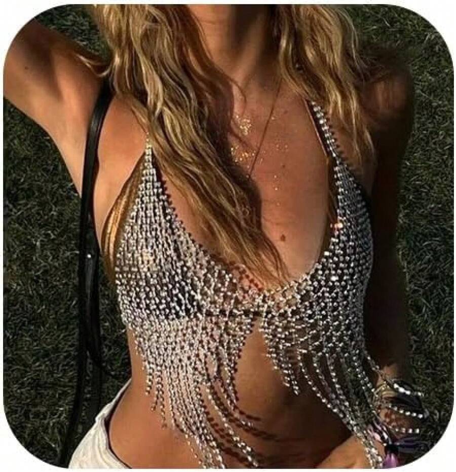 Tassel Rhinestone Chest Chain Bra Body Jewelry For Women Silver Bikini Bra Body Chains Underwear (Silver1)2025 - 1 - 查看 1