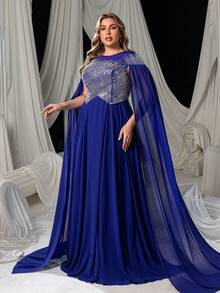 Vestido Feminino Plus Size com Decote Redondo, Bordado Intrincado em Toda a Manga e Costas, Silhueta Evasê Favorecedora, Corpete Ajustado com Acentuação da Cintura e Saia Comprida até o Chão para um Visual Sofisticado, Perfeito para Galas de Gala, Jantares Formais, Recepções de Luxo, Bailes de Caridade, Cerimônias de Premiação - Azul Royal - Visão 5
