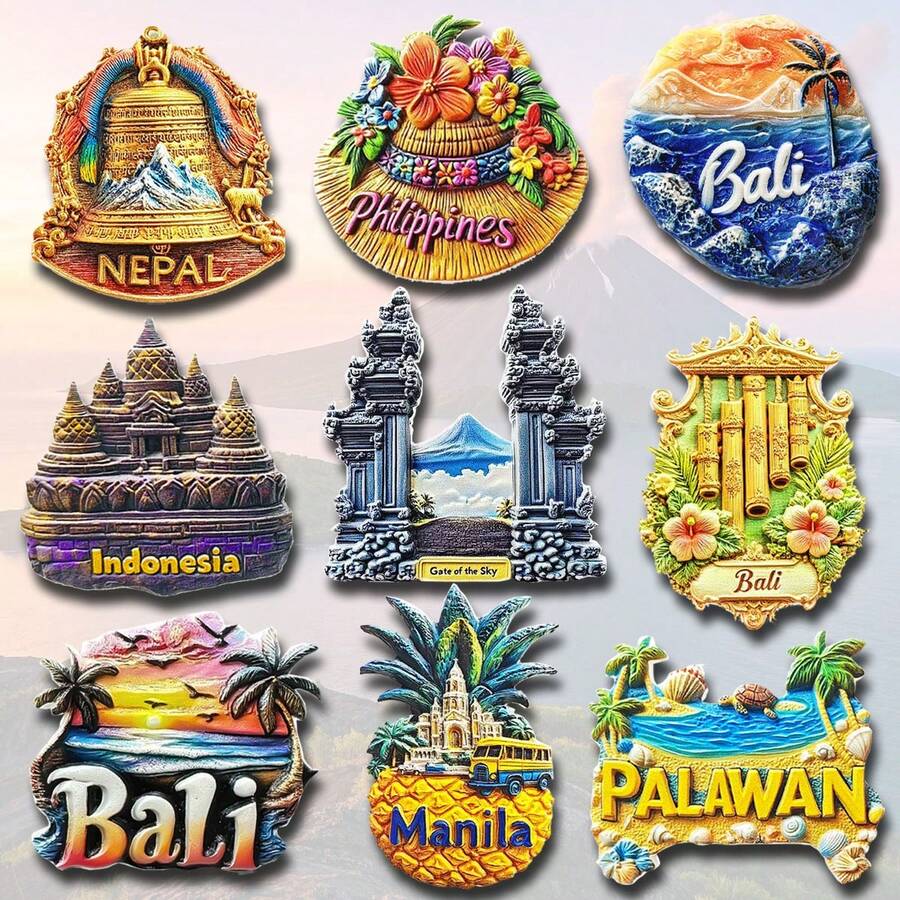 1/2pcs Resin Refrigerator Magnets, Travel Souvenirs Of Indonesia, Bali, Philippines, Nepal, Brunei, Jakarta, Palawan, Manila, Southeast Asia Island Beach Sky Gate Decor For Home, Office, Bedroom - Multicolor - View 1