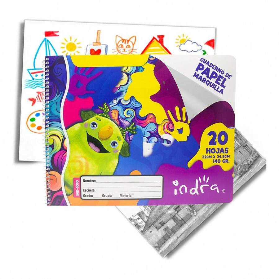 Cuaderno papel marquilla Indra tamaño 32x24.5cm 20 hojas de 140gr, material escolar premium, resistente y duradero, ideal para dibujo, tareas y apuntes - Multicolor - Ver 1