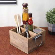 Handcrafted Mango Wood Cutlery Holder With Artistic Metal Handle| Flatware Silverware Caddies Utensils Cutlery Holder Ideal For Countertop And Party Use - Brown - CADDY-sTYLE 06 - View 1