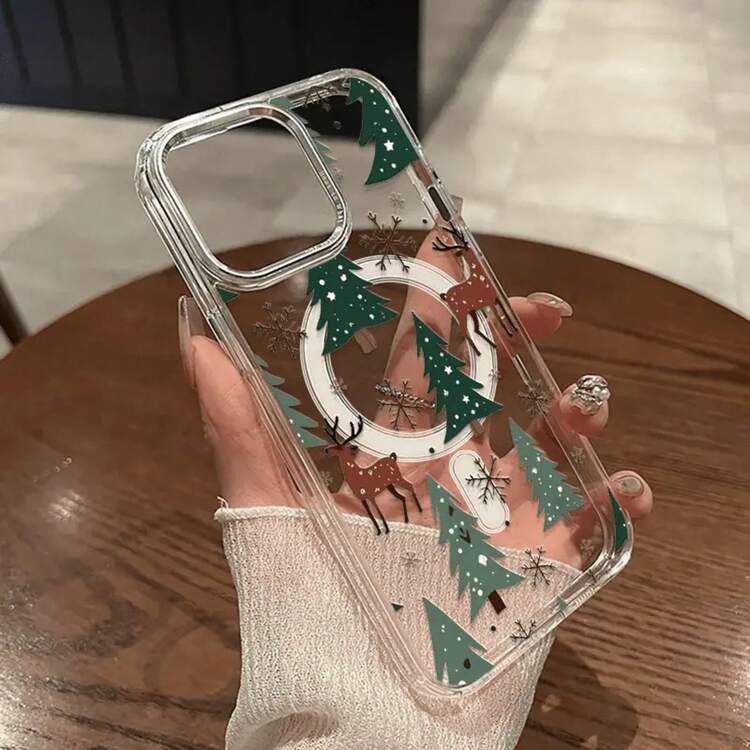 Funda protectora a prueba de golpes con patrón de rompecabezas de árbol de Navidad, reno y copo de nieve, funda magnética transparente para teléfono, adecuada para iPhone 17 16, 15, 14, 13, 12, 11 Pro Plus/  s24/ s25/ ultra y Pro Max, decoración navideña, adecuada como regalo, regalo de temporada, regalo de Navidad, tema festivo, diseño de reno, cierre magnético, impreso en UV, funda protectora, estuche decorativo, compradores navideños, decoradores festivos Carcasa de teléfono artística - transparente - Añade 3