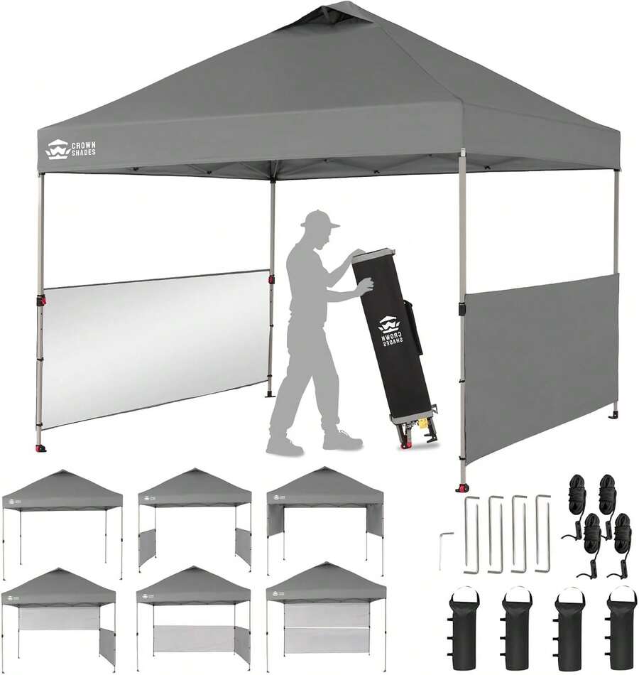 10x10 Pop Up Canopy Tent Canopy With 150D Silver Coated Fabric Including 2 Half Sidewalls, 4 Ropes, 8 Stakes, 4 Weight Bags, STO 'N Go Bag, Grey,23950447 - 11 - 查看 1