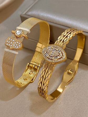 18K 镀金不锈钢复古奢华 Hamsa 手工编织锆石手镯套装，男女通用，神秘珠宝妈妈礼物圣诞节感恩节万圣节婚礼狂欢/舞会/派对/日常配饰周年纪念情人节波西米亚风格珠宝生日伴娘礼物