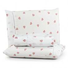 Premium Printed Fitted Sheet Set With Elastic + Pillowcases, 200 Thread Count, Single, Full, Queen And King Sizes, Hypoallergenic - 白色 - 粉紅色心形 - 查看 1