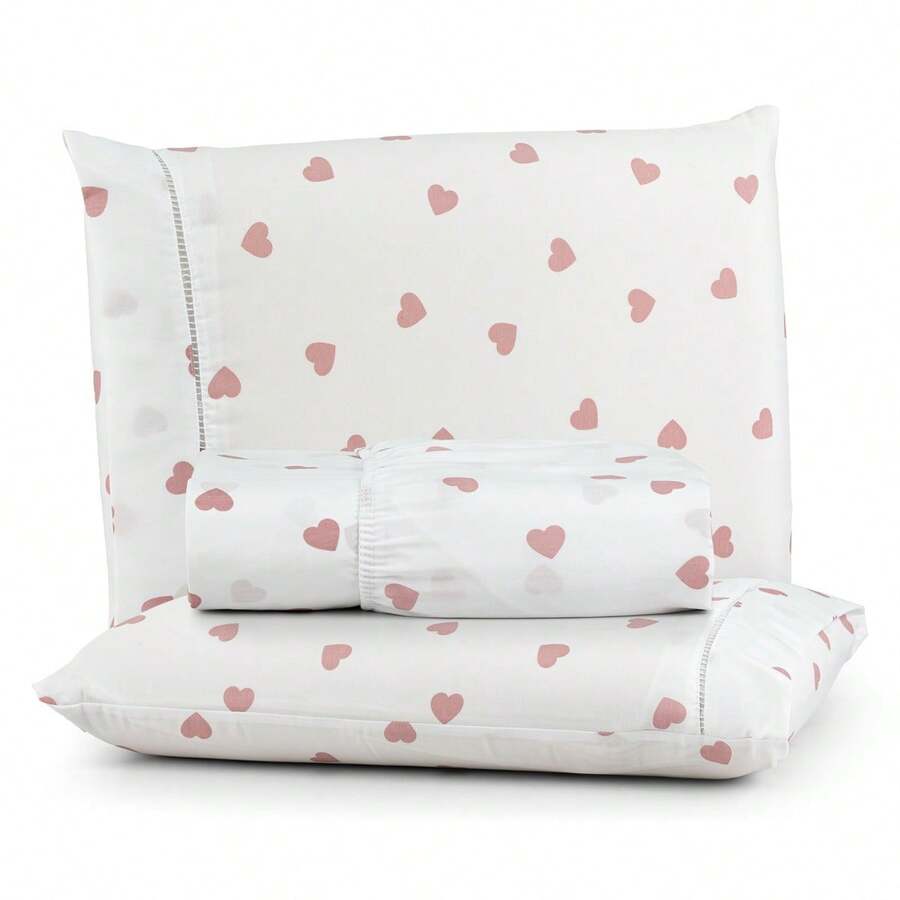 Premium Printed Fitted Sheet Set With Elastic + Pillowcases, 200 Thread Count, Single, Full, Queen And King Sizes, Hypoallergenic - 白色 - 粉紅色心形 - 查看 1