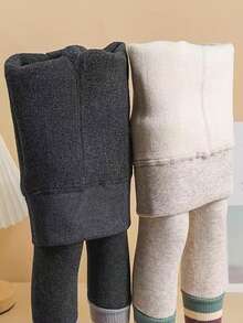 1pc Girls' Solid Color Thermal Lined Leggings, Thick Girls' Skinny Pants, Girls' Thick Thermal Lined Tights, Warm Solid Color Heart Pants Suitable For Daily Wear, Autumn/Winter - Multicolor - View 1