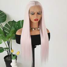 Transparent Purple Pink Long Straight Hair Synthetic Lace Front Wigs Glueless Light Pink Color Transparent Lace Heat Resistant Fiber Hair Wigs For Women Natural Hairline Baby Hair Daily Use Party Weddings Cosplay Halloween - 冰莓粉紅色 - 查看 7