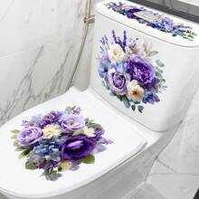 优雅紫色花卉马桶贴纸套装，可移除自粘贴花，带有薰衣草、玫瑰和混合花卉图案，防水浴室马桶水箱和盖子装饰，营造浪漫的浴室美感 - 紫色 - 查看 4