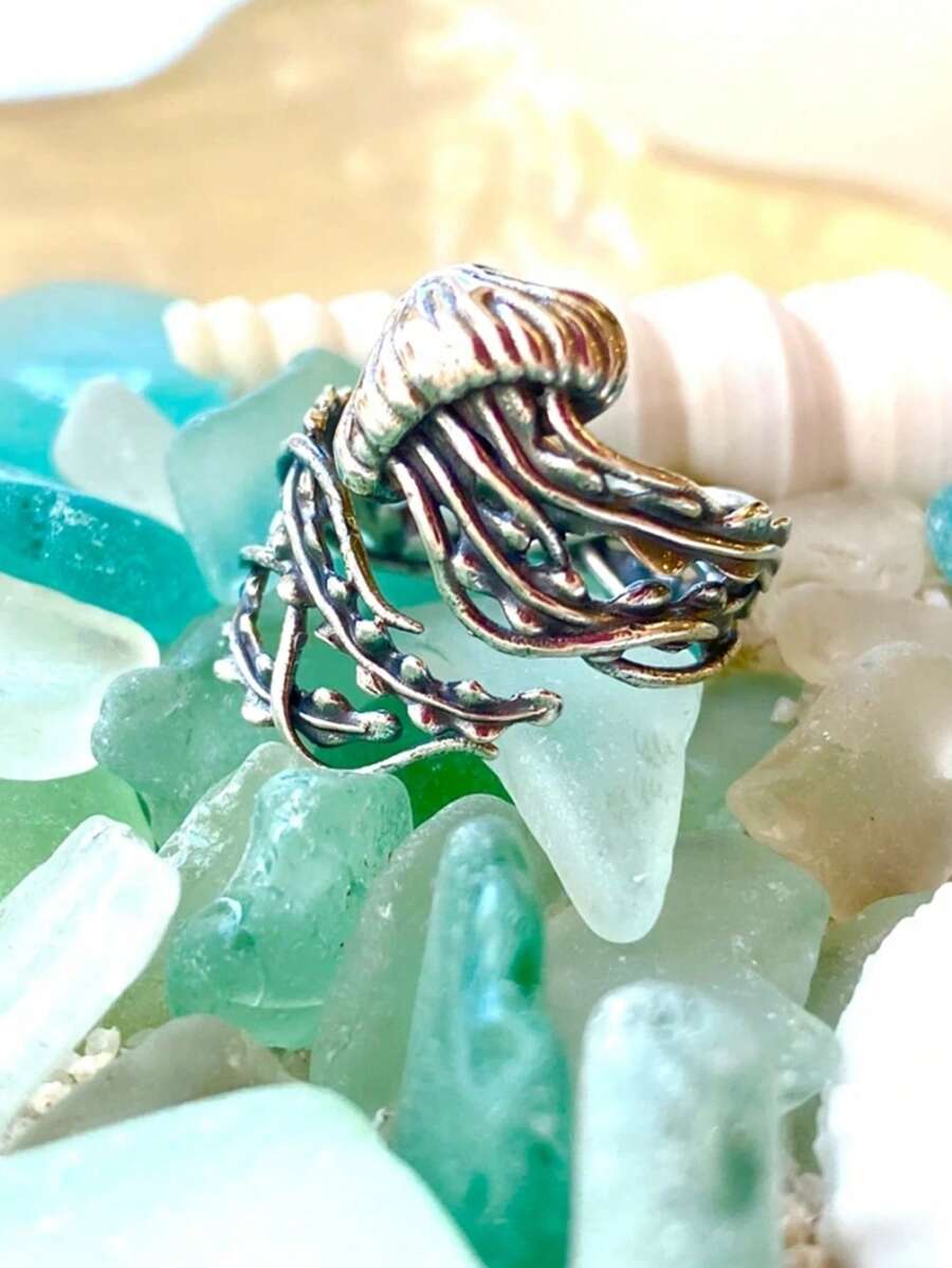1 Piece Of Jellyfish Ocean Style Metal Antique Silver Open Ring Suitable For Women To Wear On Daily Commuting, Travel And Parties - 復古銀色 - 查看 1