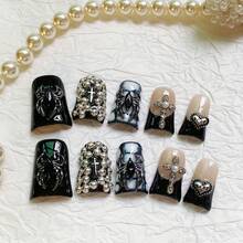 NailLuxe 10 PCS Handmade Duckbill Press - On Nails | Black - Brown Cross Pearl Duckbill Nails With Acrylic Exquisite Details, Cross & Pearl Embellishments & Gothic - Style Designs - màu đen - Xem 8