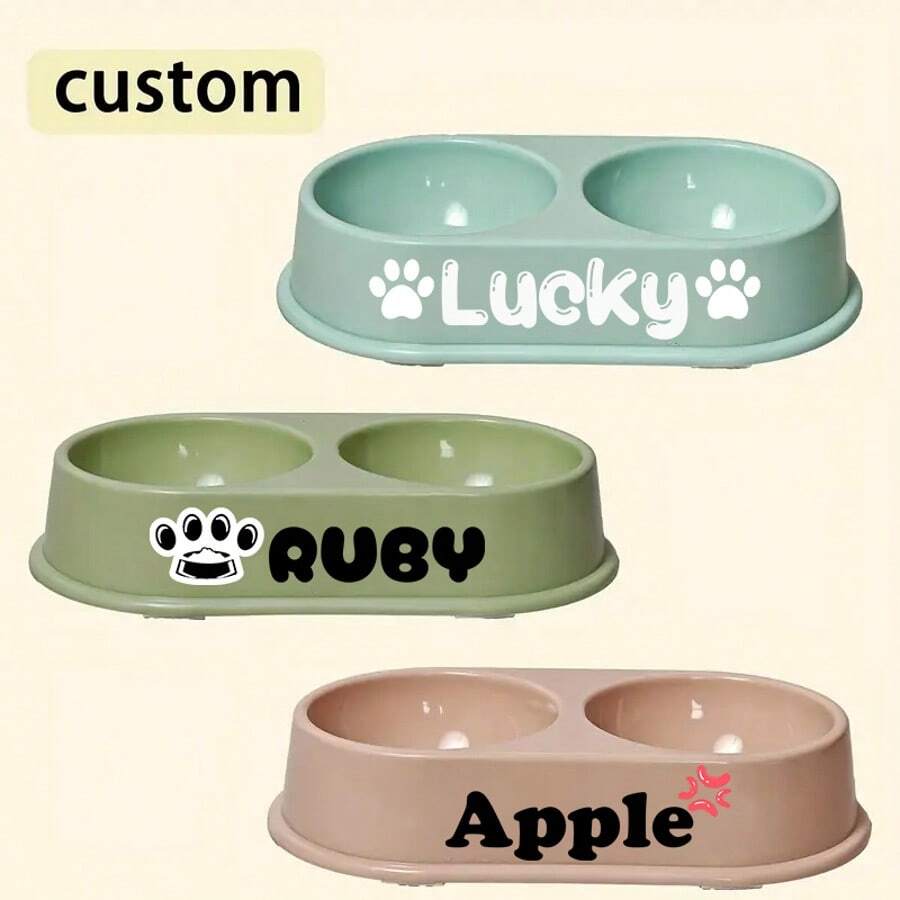 Customizable Plastic Pet Double Bowl, Cute Cat Dog Bowl, Non-Slip Cat Dog Food And Water Bowl, Personalized Name Customization, Suitable For Dogs And Cats, Easy To Clean, Perfect Pet Memorial Gift - Multicolor - View 1