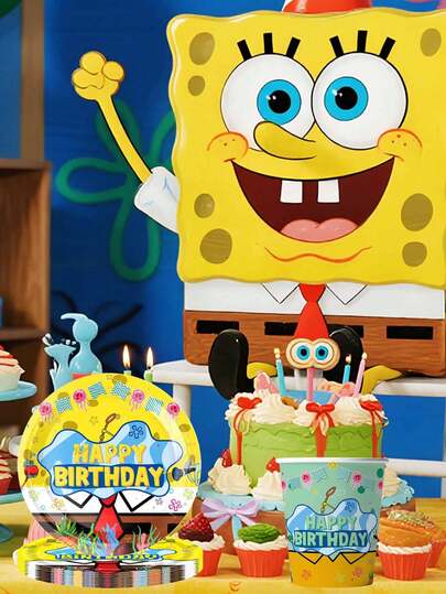 SpongeBob SquarePants Suministros para fiesta con temática de Bob Esponja, que incluyen vajilla de fiesta, platos de papel, vasos de papel, servilletas, manteles, decoraciones desechables, adecuados para regalos de cumpleaños de verano, bodas, playas, vuelta al colegio, útiles escolares y decoración de habitaciones
