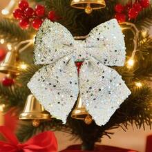 Adorno navideño colgante con lazos, lentejuelas brillantes y lentejuelas para el árbol. Un lindo adorno decorativo con purpurina. - Plateado - Ver 5