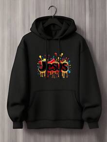 Men's Casual Letter Print Hooded Sweatshirt With Pocket Colorful Jesus Drip Design Print Autumn/Winter - màu đen - Xem 2