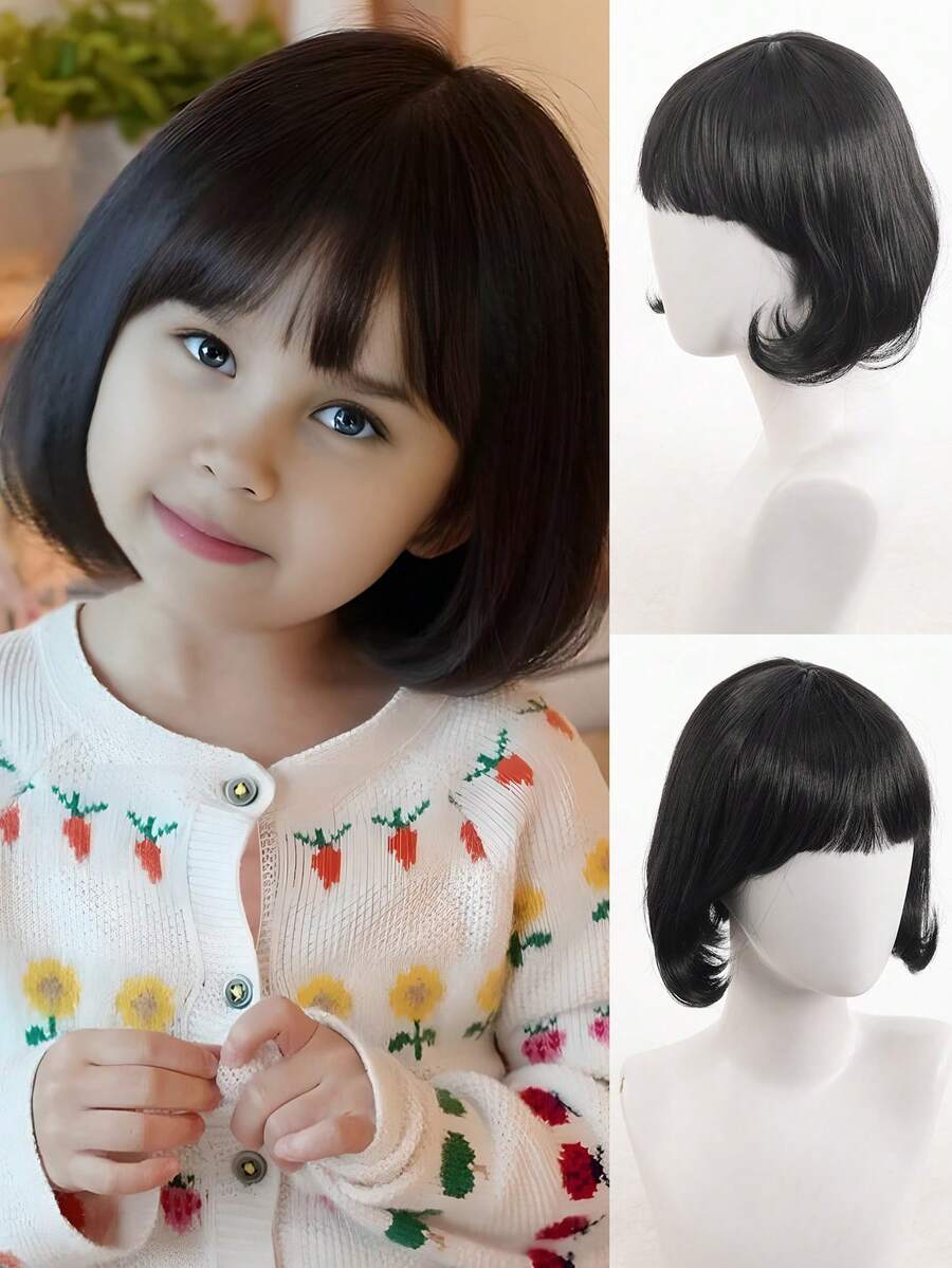 Peluca corta de 10 pulgadas y 2 pinzas para el cabello con moño rosa, peluca sintética resistente al calor, accesorios para el cabello de niñas con pinzas de moño