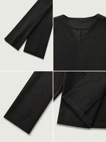 Chaqueta de lana de doble cara de alta calidad con cuello de bufanda, de manga larga y color negro sólido, para otoño/invierno - Negro - Ver 5