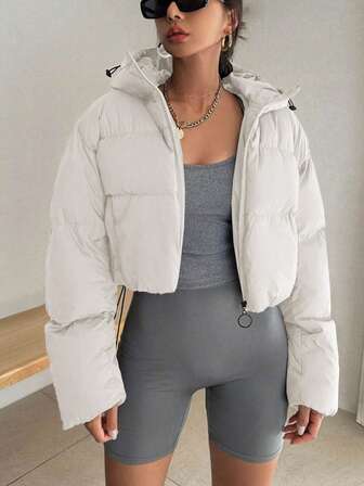 Vadderad kappa för kvinnor, trendig kort vadderad kappa, vadderad kappa med huva, höst-/vinterjacka, dam casual fluffig vadderad kappa med dragkedja - långärmad ytterkläder