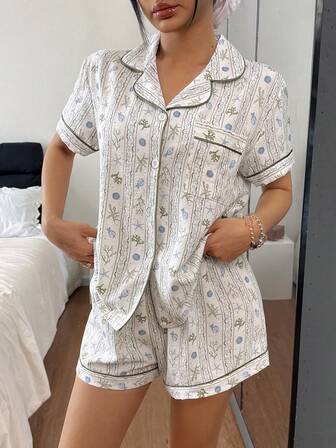 2pcs Women Pajama Set, Shell Print Short Sleeve Collared Top With Pocket And Bow Shorts, Ladies Sleepwear Homewear For All Seasons