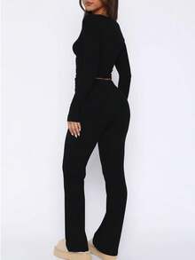 2 sztuki zestaw gładkich długich spodni z długim rękawem i ściągaczem w pasie