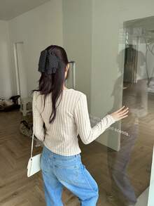 纽扣细节休闲蕾丝荷叶边二合一磨毛T恤上衣 - 杏色 - 查看 4