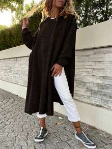 Plus Size Women Long Solid Color Ribbed Split Hem Hooded Long Sleeve Knit Sweater Top - Coffee Brown - View 1