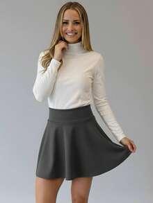 Falda acampanada de color liso para mujer minifalda plisada básica de cintura alta, informal, corta - Gris - Ver 2