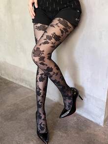 1 双女士薄款性感玫瑰图案连裤袜，春夏 - 彩色 - 查看 5