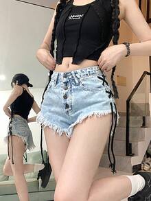 大尺碼女款破舊牛仔短褲，綁帶設計，毛邊下擺，適合夜店休閒夏季穿著 - 藍色 - 查看 2