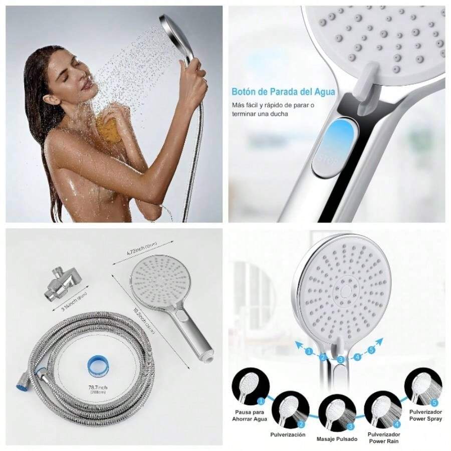 5'' Cabezal de Ducha de Mano, 5 Modos Ducha de Gran Caudal, Cromo de Cabezal de Ducha de Alta Presin, Regaderas para Bao con Manguera de 6, 5ft Soporte y Cierre de Agua con un Toque, para Bao Hotel etc - Tope de agua de un solo toque - Ver 1