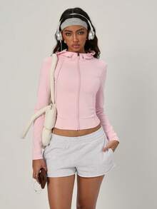 PinkTip 1pc Women's Casual Slim Fit Hooded Jacket, Solid Color Stand Collar Stretchy Women Sports Jacket, Outdoor Fitness Running Exercise Women Sports Jacket - Pink - View 4