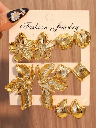 2/10pcs Symmetric Floral Petal Stud Earrings Set, Gold Plated, Suitable For Daily Wear And Gift For Family/Friends