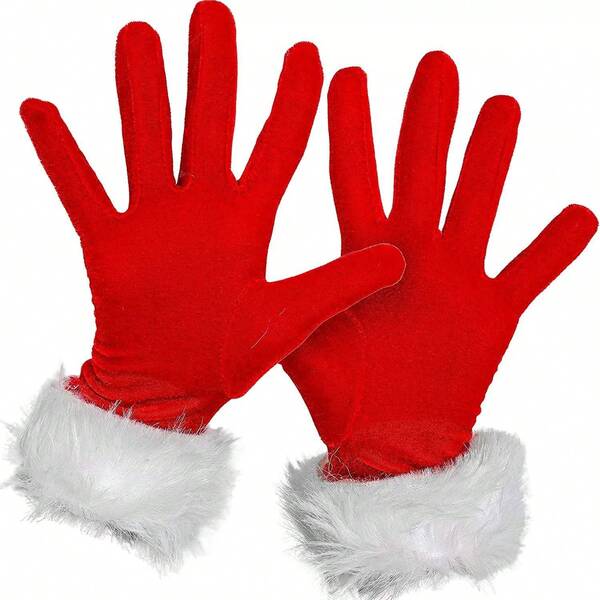 1 Paar Damen Kurze Samt Weihnachtshandschuhe mit weißem Fellbesatz, warme Party Handschuhe, Herbst / Winter