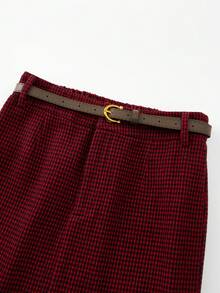 EARO 女士千鸟格半身裙，时尚百搭，优雅大方，宽松版型，春季修身显瘦 - 紅色 - 查看 4