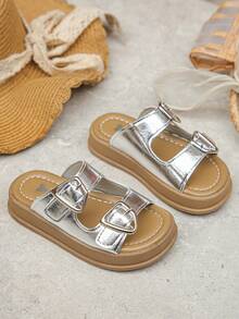 1双女童拖鞋儿童鞋女童2025新款流行夏季银色舒适软底时尚学生平底凉鞋 - 銀色 - 查看 20