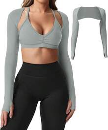 Women Crop Top Long Sleeve Bolero Open Front Workout Cropped Shirts Sports Shrug - 淺灰色 - 查看 12