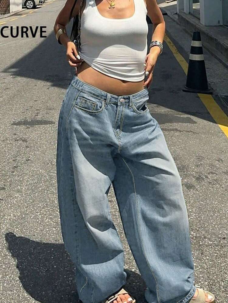 Pantalones vaqueros de pierna recta holgados de estilo retro y casual para tallas grandes, de moda y versátiles para la primavera - Lavado ligero - Añade 7