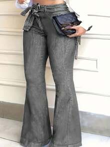 Spring Summer Clothes Women's Plus Size Solid Color Belted Stretchy Flare Jeans For Casual Everyday Wear - Grey - View 3