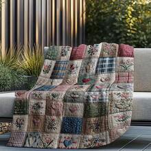 Lightweight Soft Vintage Floral Quilt Design Flannel Throw Blanket Patchwork Multicolor Flowers, All-Season Cozy Travel Office Blanket, Easy To Carry Home Decor, Patchwork Pattern 280gsm X1LG - màu đen - Xem 2
