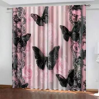 2pcs Elegant Pink Floral & Black Butterfly Sheer Curtains - Machine Washable, Lace Detailed Voile, Rod Pocket Design, Suitable For Bedroom, Living Room, Office Decor