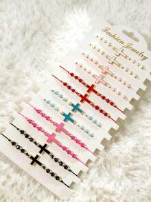 12pcs Set Handmade Adjustable Braided Jesus Cross Bracelet, Christian Religious Jewelry Suitable For Men And Women, Perfect Gift For Baptism, Daily Wear And Spiritual Inspiration - Multicolor - View 1